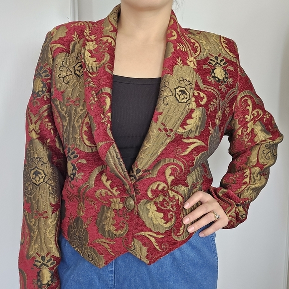 Expose Chenille Cropped Peaked Lapel Blazer Large Paisley Red Gold Western Vtg - Picture 1 of 16